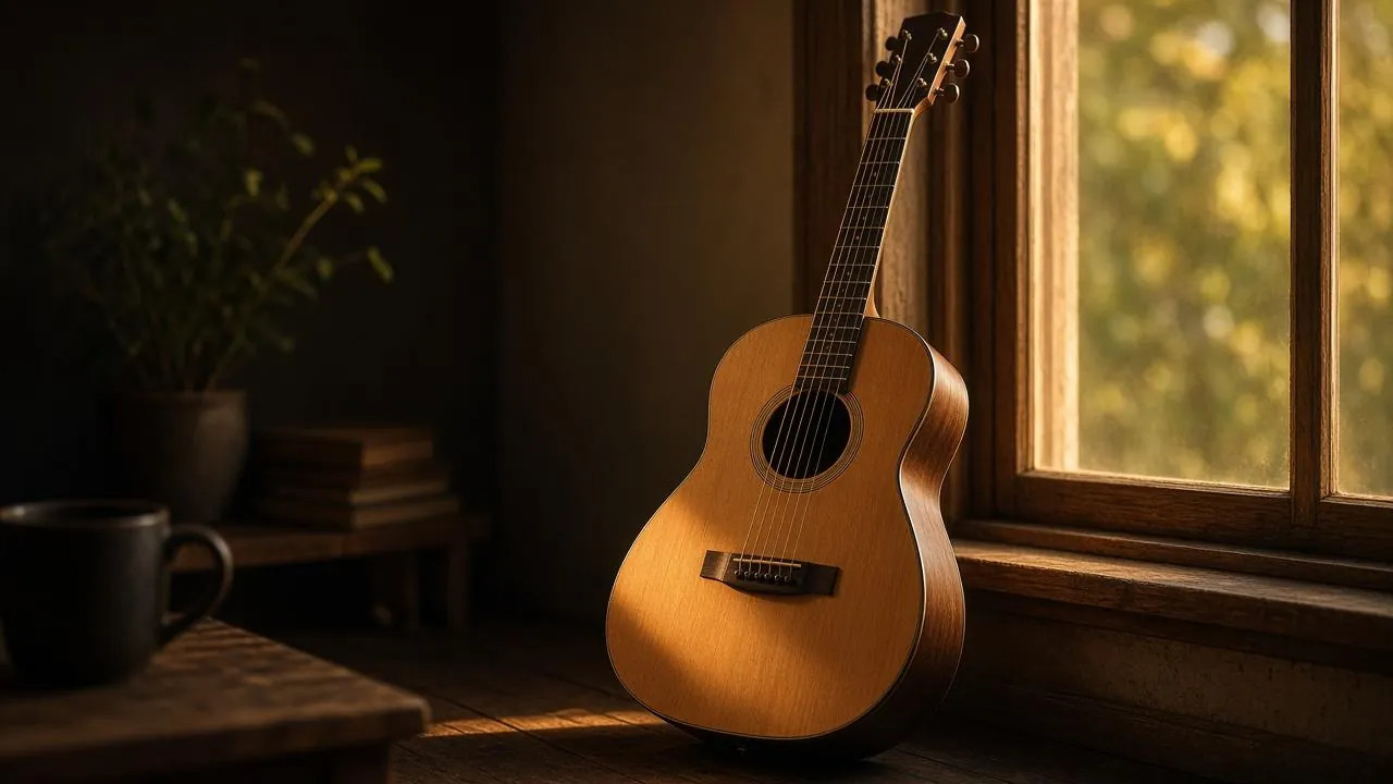 Illustration: beginner acoustic and electric guitars side by side - AI-generated artwork, not a photo of a specific product
