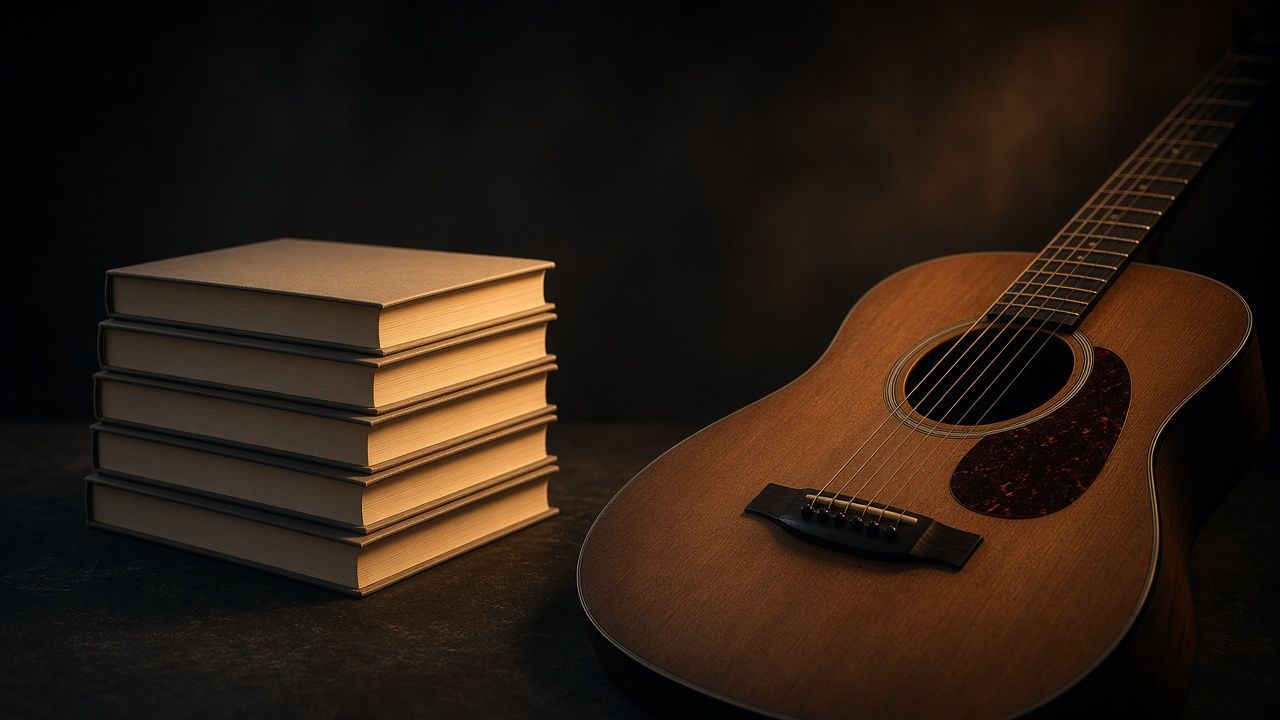 Illustration: guitar instruction books and a guitar - AI-generated artwork, not a photo of a specific product