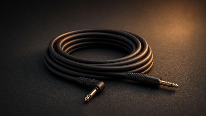 Illustration: guitar cables and connectors on a dark workbench - AI-generated artwork, not a photo of a specific product
