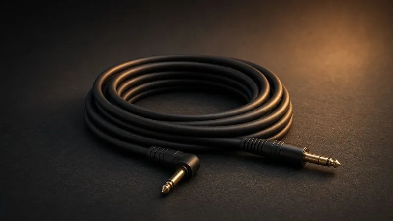 Illustration: a coiled guitar cable with two plugs - AI-generated artwork, not a photo of the exact product