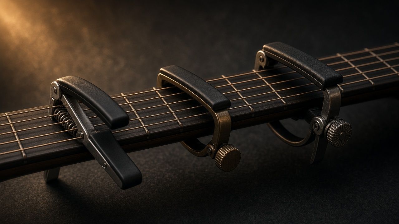 Illustration: guitar capos on a fretboard - AI-generated artwork, not a photo of a specific product