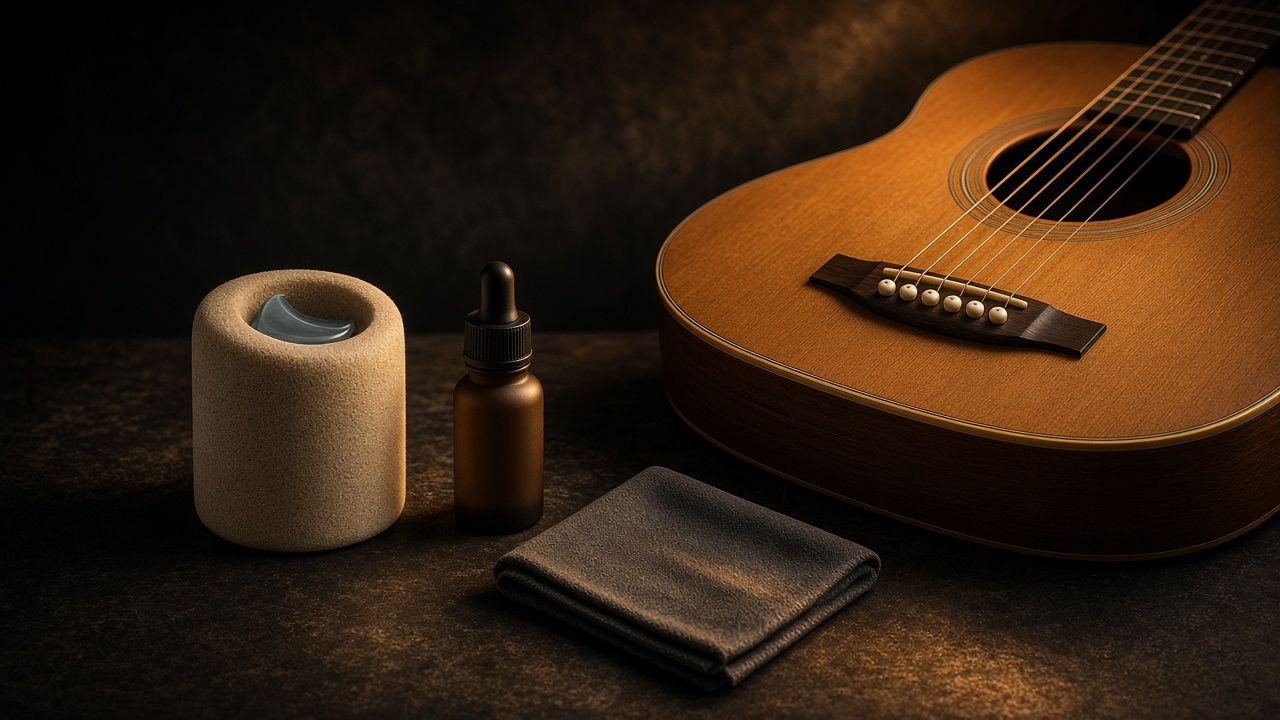 Illustration: guitar care and humidifier items - AI-generated artwork, not a photo of a specific product