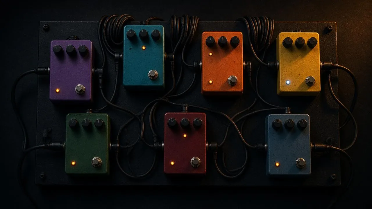 Illustration: seven effects pedals wired together on a pedalboard - AI-generated artwork, not a photo of the exact product