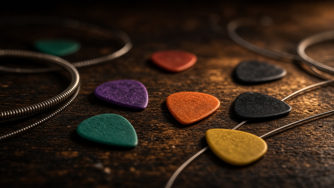 Illustration: a spread of guitar picks - AI-generated artwork, not a photo of a specific product