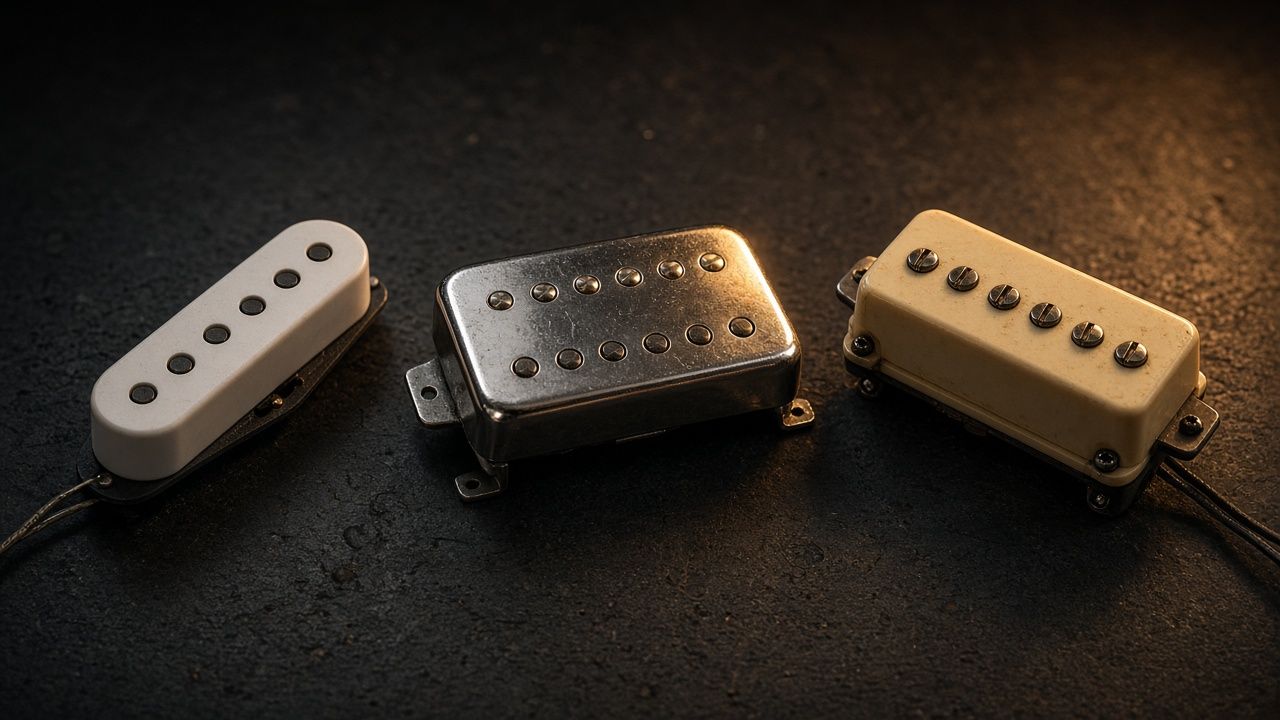 Illustration: electric guitar pickups on a dark workbench - AI-generated artwork, not a photo of a specific product