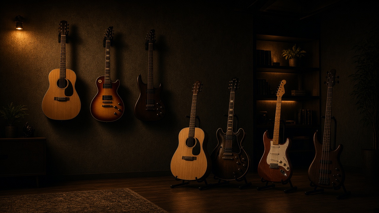 Illustration: guitars on stands and wall hangers - AI-generated artwork, not a photo of a specific product