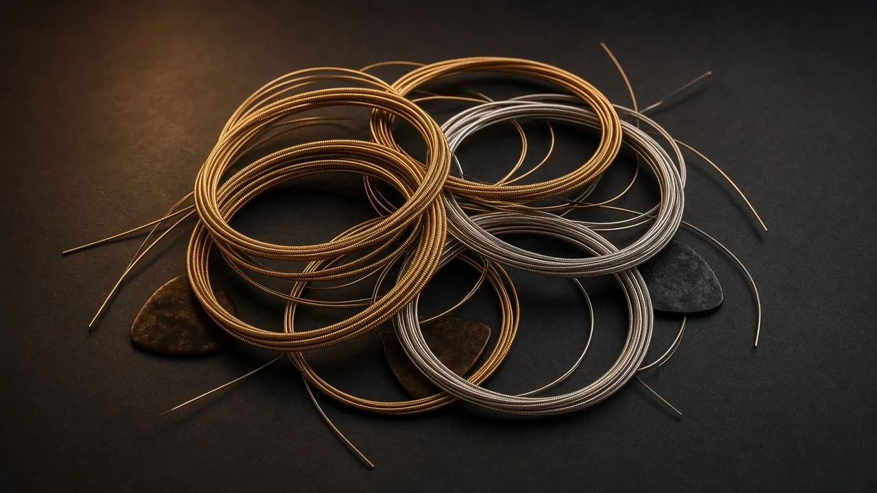 Illustration: close-up of fingertips on guitar strings - AI-generated artwork, not a photo of a specific product