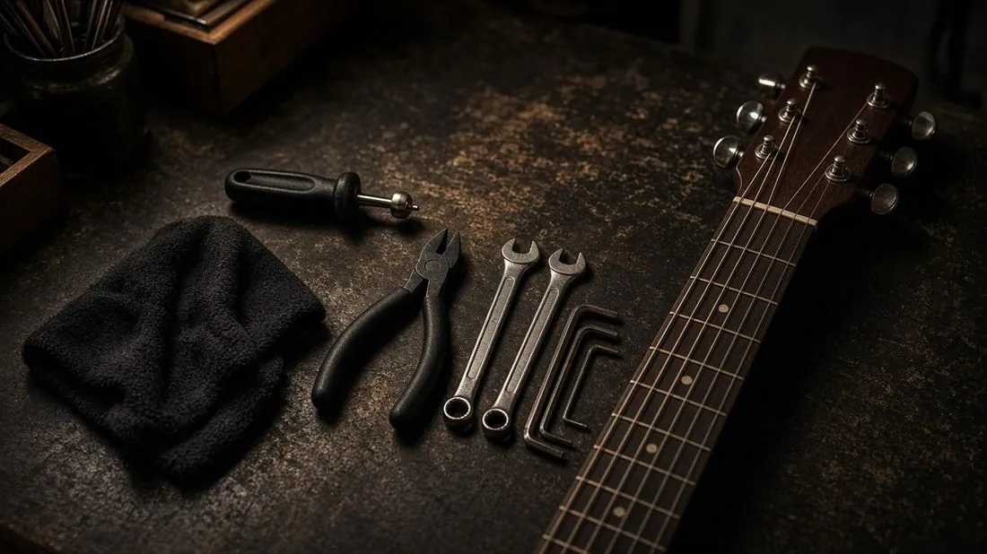 Illustration: guitar repair tools on a workbench - AI-generated artwork, not a photo of a specific product
