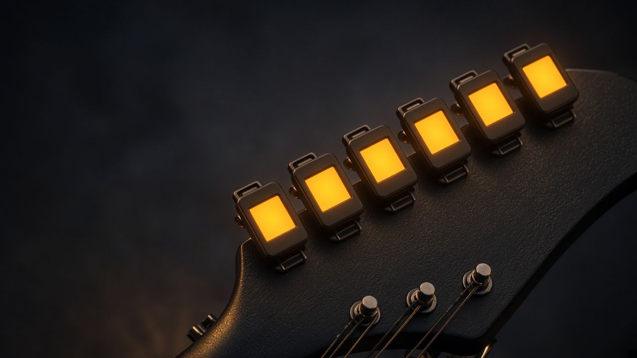 Illustration: clip-on guitar tuners on a headstock - AI-generated artwork, not a photo of a specific product