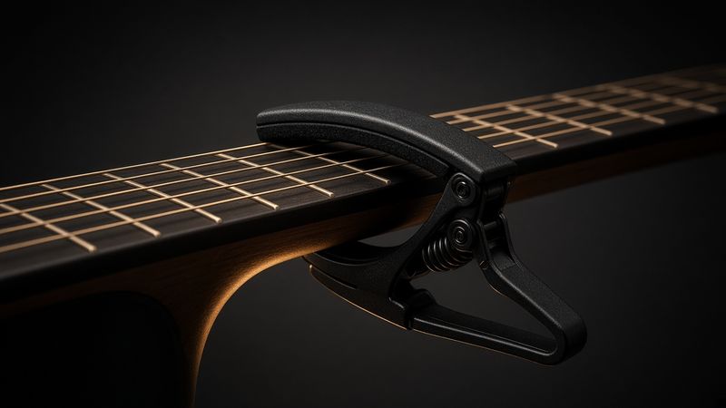 Illustration of a Kyser Quick-Change Capo (KG6, 6-String Acoustic) - AI-generated, not a photo of the exact product