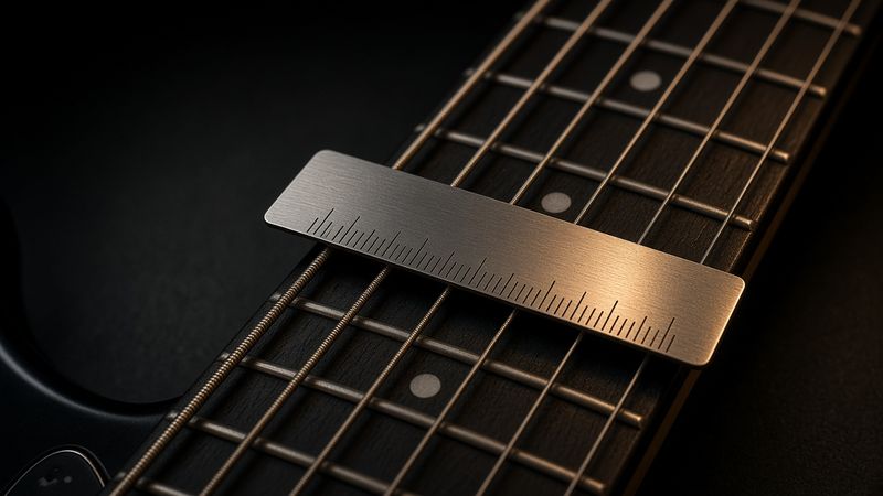 Illustration of a MusicNomad Precision String Action Gauge Ruler (MN602) - AI-generated, not a photo of the exact product