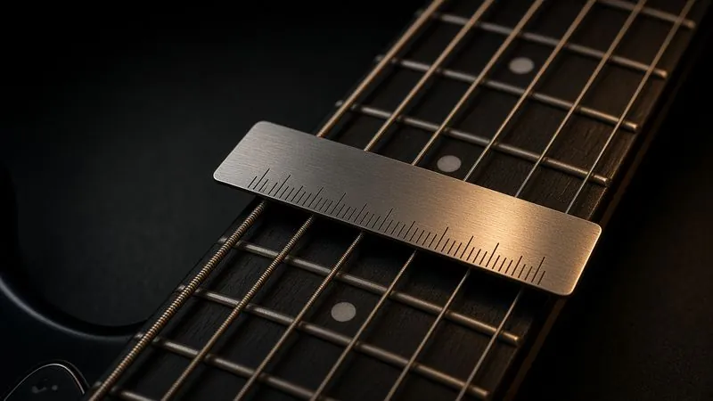 Illustration of a MusicNomad Precision String Action Gauge Ruler (MN602) - AI-generated, not a photo of the exact product