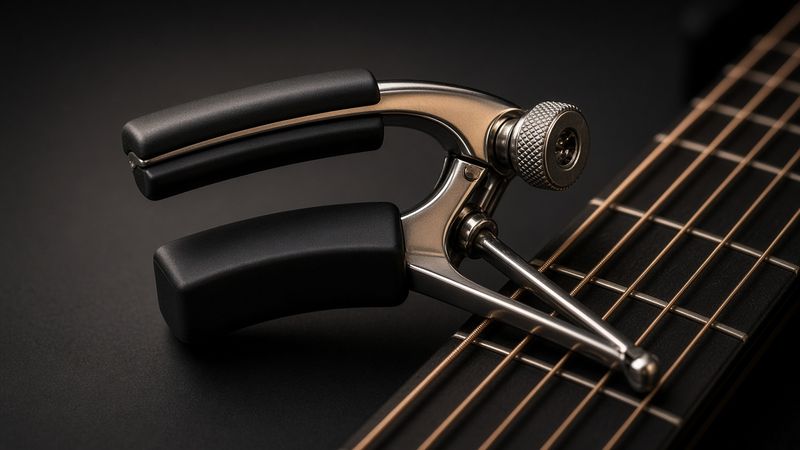 Illustration of a Shubb S1 Deluxe Capo (Stainless Steel, Steel-String) - AI-generated, not a photo of the exact product