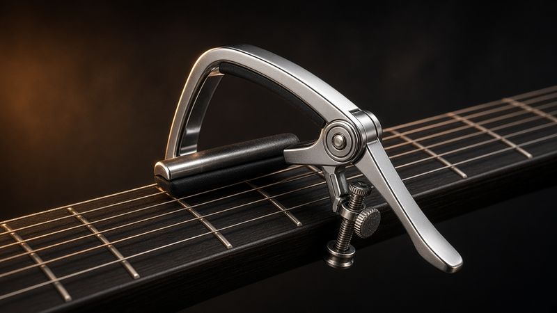 Illustration of a Shubb S1 Deluxe Capo (Stainless Steel, Steel-String) - AI-generated, not a photo of the exact product